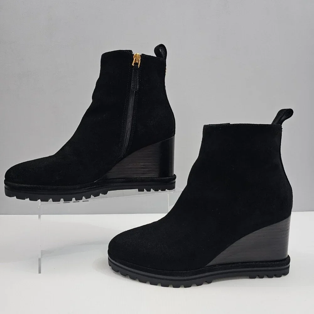 Tory Burch Suede Logo Wedge Ankle Boot Womens 8.5 Black Suede Lug Sole Designer
